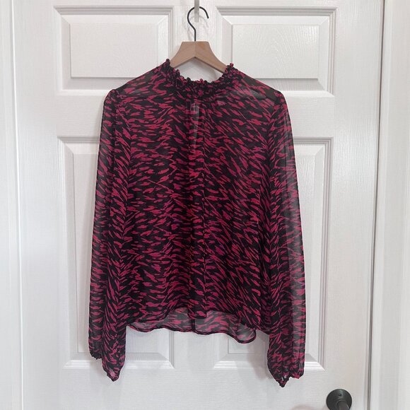 Allison Joy For Evereve XL Red Black Ruffle Blouse Long Sleeve Sheer Top - Picture 9 of 9